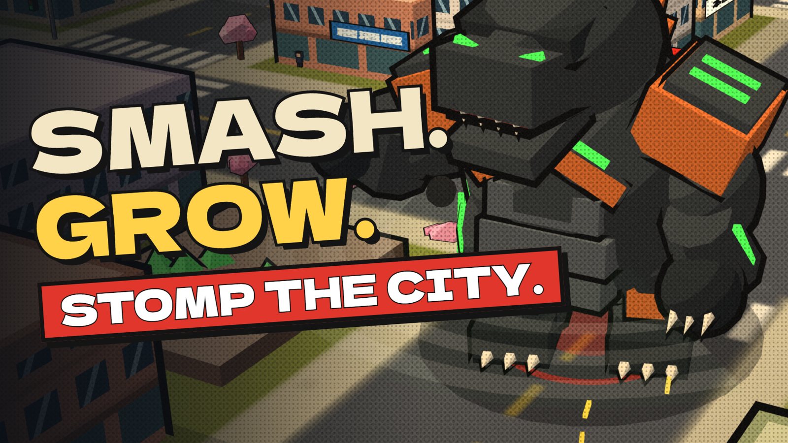 ODDSZILLA cover: a giant blocky kaiju stomping through a city, with the words Smash. Grow. Stomp the city.